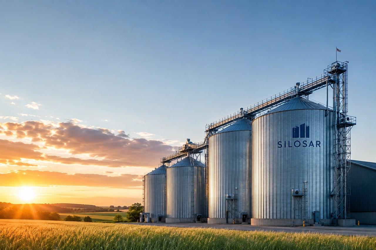 Silosar-silos på gård i solnedgång