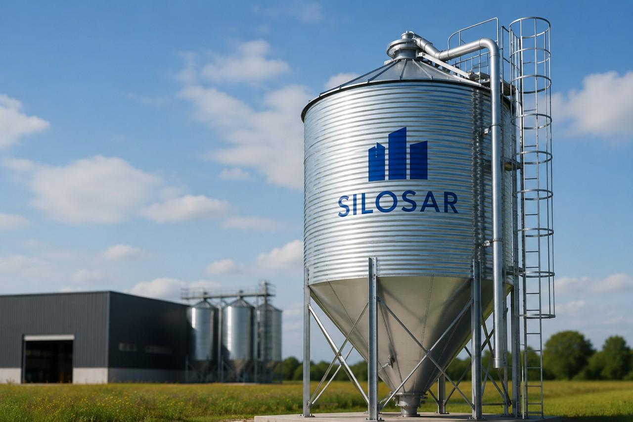 Steel silos with a conveyor belt on a farm